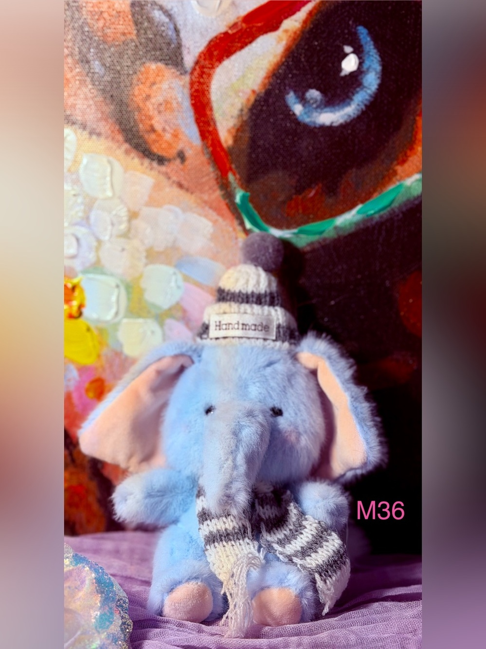 Blue Plush Elephant Toy with Knit Hat